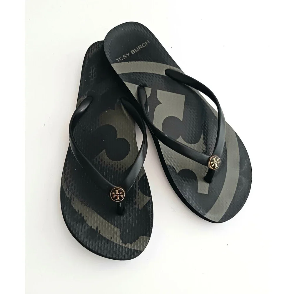 Tory Burch Emory Flip Flops Blk/Gray Logo Insole Blk Straps 7.5M